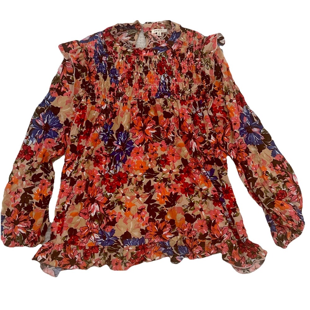 Jodifl Floral Top Blouse Boho Ruffle Medium Long Sleeve Cottagecore Keyhole Back
